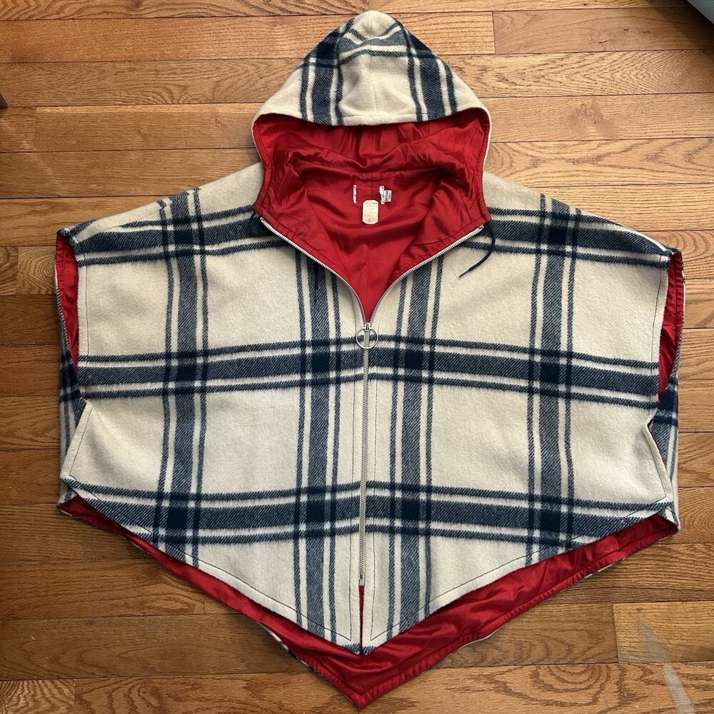 Vintage 60s Wool Plaid Poncho Cape Shawl Hooded Full Zip Jacket Small